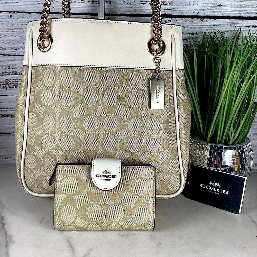 Coach Cammie Chain Bucket Signature‎ Khaki Chalk Shoulder Bag Wallet Set Purse - Picture 5 of 15